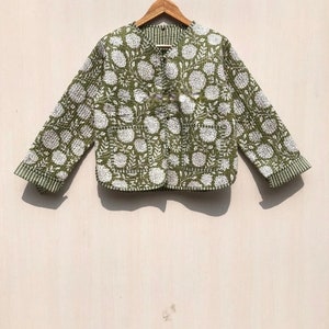 Hand Block Indian Print Fabric Quited Jacket Short Kimono Women Wear New Style white Flower Coat Gift for her image 1