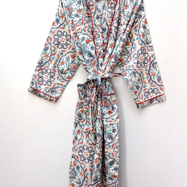 Indian Flower Print Handprinting Kimono Robe, Indian Soft Cotton Kimono, Japanese kimono, Beach Cover Up, Nightwear Dress, Bridesmaid Gown