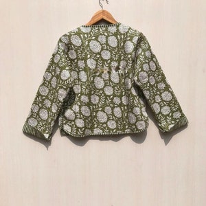 Hand Block Indian Print Fabric Quited Jacket Short Kimono Women Wear New Style white Flower Coat Gift for her image 4