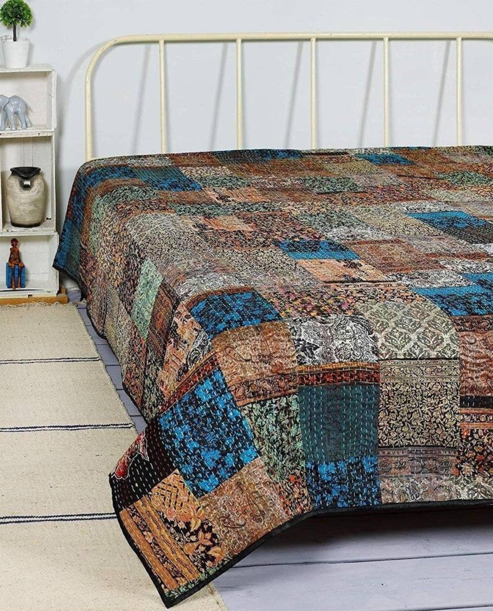 Black Patchwork Kantha Quilt King Size Bohemian Bedspread Indian