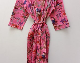 Kimono long en coton rose imprimé oiseaux, robe de plage, cadeau pour elle, peignoirs de bain faits main, beau cadeau de Noël pour elle