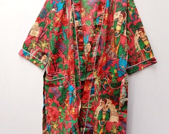 Baumwoll-Kimono mit Frida-Print, indischer Blockdruck, Sommer-Kimono, Blumen-Strand-Coverup/bequemer Umstands-Frühlings-Deep Forest