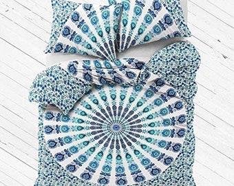 Bohemian Indian Mandala Tapestry Full Duvet with Pillowcases Mandala Bed Cover Boho Duvet Cover White Blue
