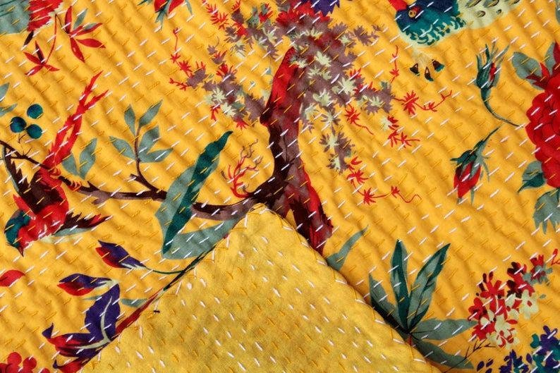 Hand Made Bird Print King Size Kantha Quilt Kantha Blanket Bed Cover