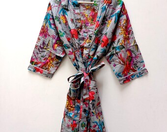 Grauer Baumwoll-Kimono mit Vogel-Print, indischer Blockdruck, Sommer-Kimono, Blumen-Strand-Coverup/bequemer Umstands-Frühlings-Dschungel, tiefer Wald