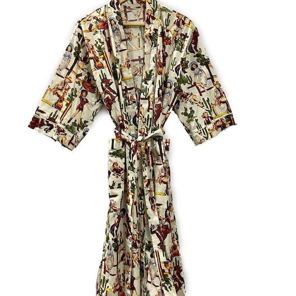 Lady Hunting Horse Cotton kimono Robes, Digital print Kimono, Soft and comfortable Bath robes, wrap dress, House Coat Robe