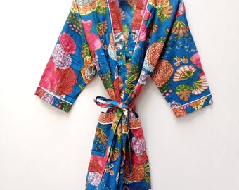 Frut Print Baumwolle Kimono Indische Block gedruckt Sommer Kimono Floral Strand Vertuschung / Bequeme Mutterschaft Frühling Dschungel Safari Tiefem Waldgrün