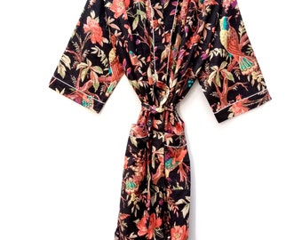 Neue schwarze Kimono-Robe mit Vogelmuster, indischer weicher Baumwoll-Kimono, japanischer Kimono, Strandhülle, Nachtwäsche-Kleid, Brautjungfernkleid