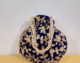 Paire de style Rajasthani pour femmes de soie Potli velours Gota Patti sac à main, Potlis bleu, velours Potli, sac à main femme, cadeau pour elle