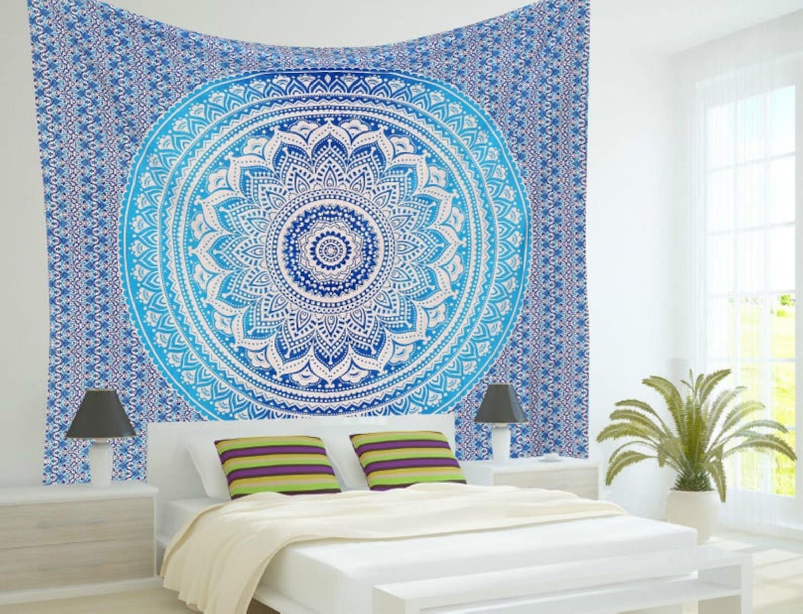 White Blue Multi Tapestry Wall Hanging Mandala Tapestries Etsy UK