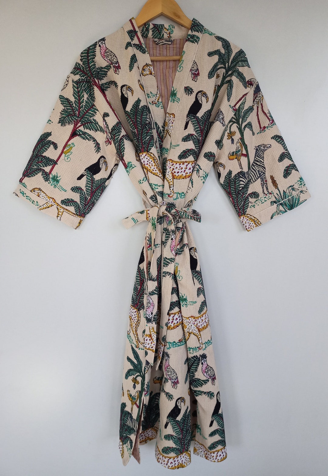 Jungle Print Waffle Linen Bathrobe, Unisex Waffle Linen Robe Luxurious