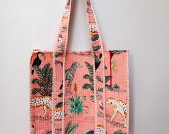 Jungle Print Cotton Quilted Market Bag, Handmade Quilted Tote Shopping Bag, Jhola Bag, Hippie Bag, Market Bag