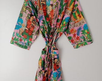 Peignoir kimono imprimé Frida, kimono indien en coton doux, kimono japonais, tenue de plage, robe de nuit, robe de demoiselle d'honneur
