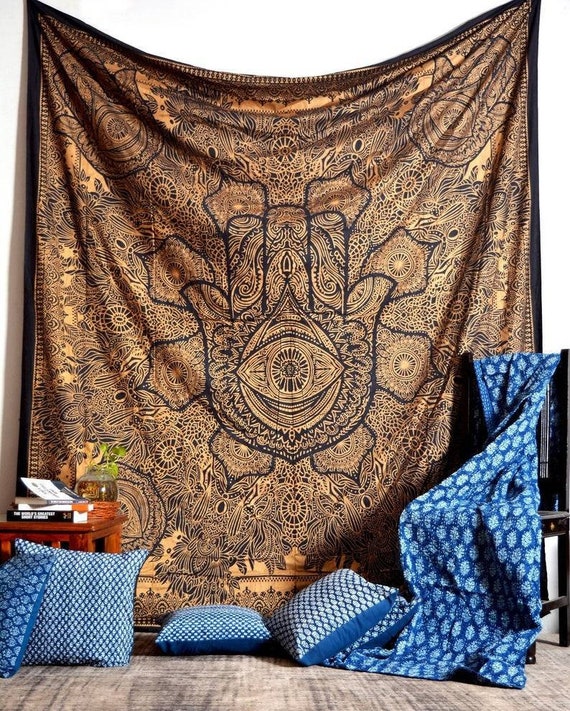 Hamsa Hand Tapestry Black Gold Throw Indian Hippie Tapestry Wall