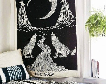 Loup qui pleure de la lune, tapisserie Boho, décoration d'intérieur, jet d'art de lit, tapisserie bleue en détresse Tenture murale, méditation Yoga Grunge Hippie