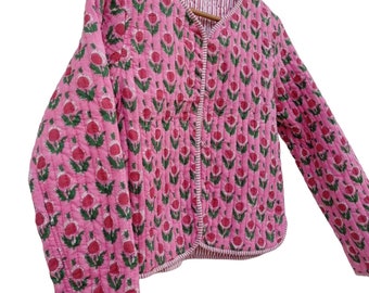 Giacca trapuntata da donna in cotone stampato a blocchi giacche trapuntate fatte a mano stile Boohoo, cappotto regali per le feste giacca con bottoni per regali da donna