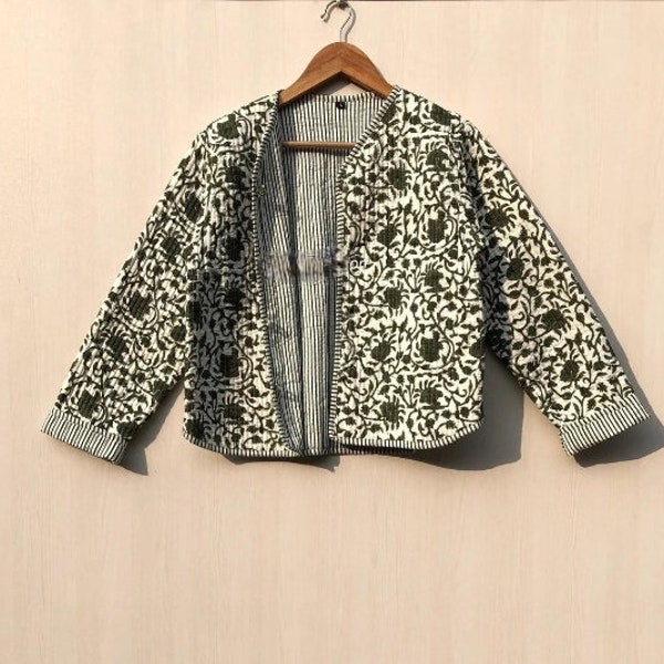 Cotton Women's Quilted Jacket Block Printed Boho Style Quilted Handmade, Jackets, Coat holidays Gifts Button Closer Jacket for Women Gifts