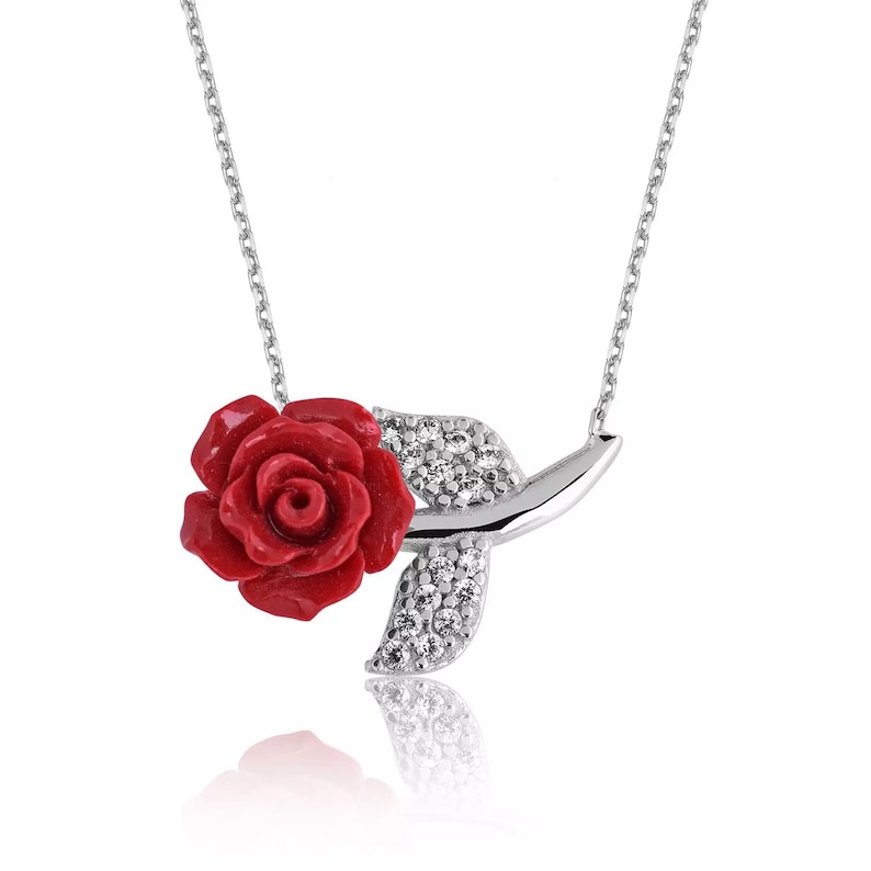 Sterling Silver Red Rose Pendant For Women Fine Jewelry