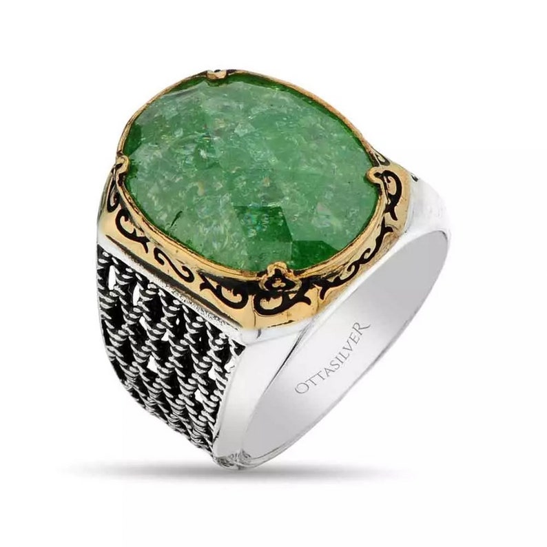 Silver Mens Ring with Green Ice Zircon Stone