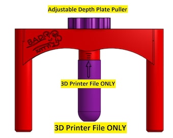 May include: An adjustable depth plate puller tool in red and purple. The red frame features the text 'BAD KITTY' and a purple adjustment knob at the top. A central purple cylindrical component includes an upward-pointing arrow graphic.
