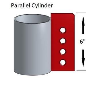 May include: A diagram showing a parallel cylinder with a red plate attached to the side. The plate has four holes drilled into it. The cylinder is 6 inches tall.