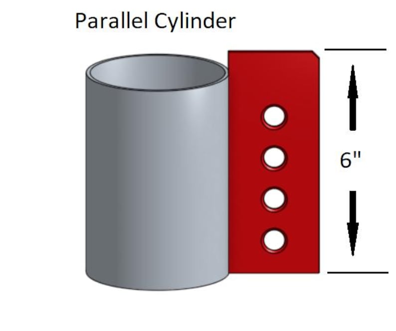 May include: A diagram showing a parallel cylinder with a red plate attached to the side. The plate has four holes drilled into it. The cylinder is 6 inches tall.