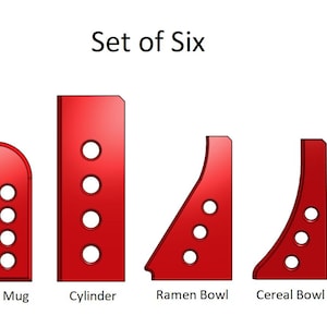 May include: Set of six red ceramic bowls with different shapes, including tapered, soup mug, cylinder, ramen bowl, cereal bowl, and salad bowl. Each bowl has a series of holes around the rim.