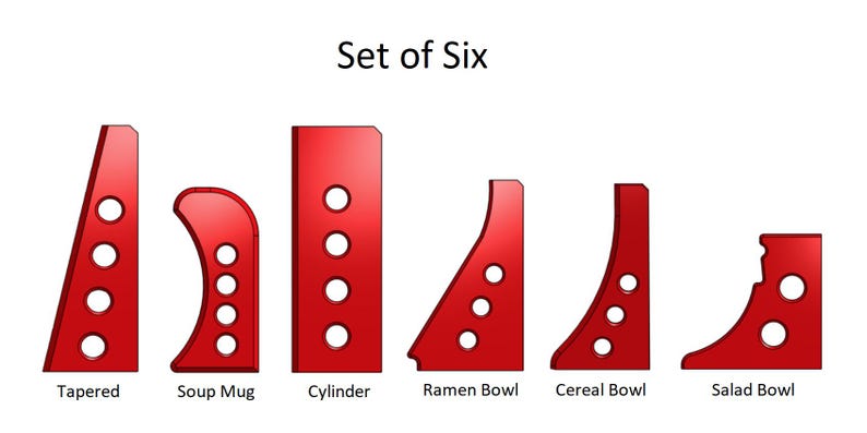 May include: Set of six red ceramic bowls with different shapes, including tapered, soup mug, cylinder, ramen bowl, cereal bowl, and salad bowl. Each bowl has a series of holes around the rim.