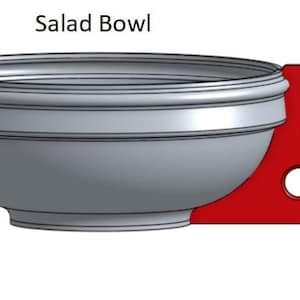 May include: A silver salad bowl with a red plastic base. The base has two holes and measures 3.19 inches tall.