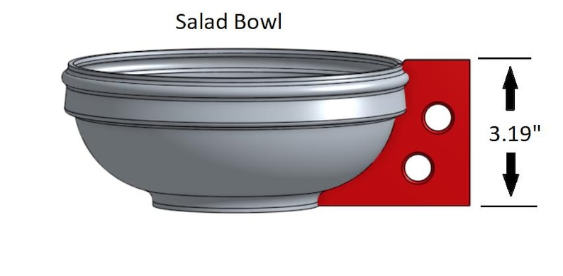 May include: A silver salad bowl with a red plastic base. The base has two holes and measures 3.19 inches tall.