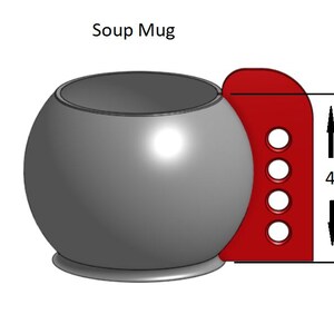 May include: A gray ceramic soup mug with a red handle. The mug is 4 inches tall.