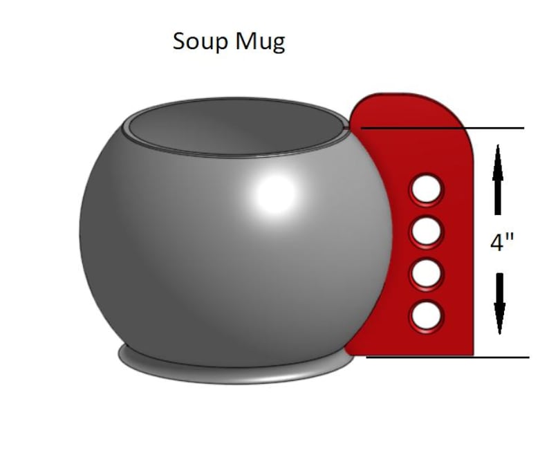 May include: A gray ceramic soup mug with a red handle. The mug is 4 inches tall.