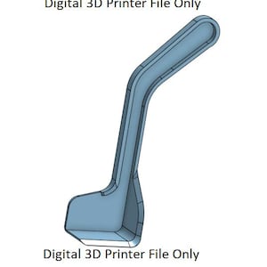 Puede incluir: Un modelo 3D imprimible de un mango de plástico azul. El mango es curvo y tiene una base plana. Archivo digital de impresora 3D solamente.