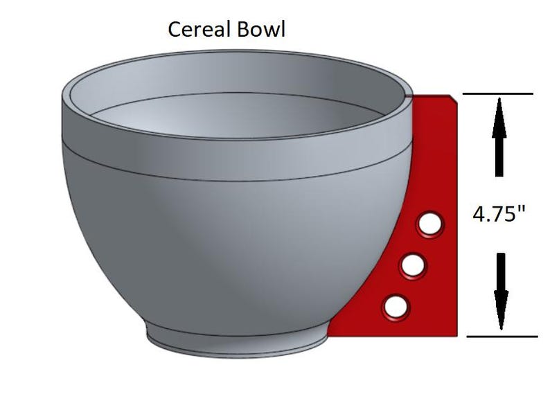 May include: A gray ceramic cereal bowl with a red side panel and three holes. The bowl is 4.75 inches tall. "Cereal Bowl" is written above the bowl.