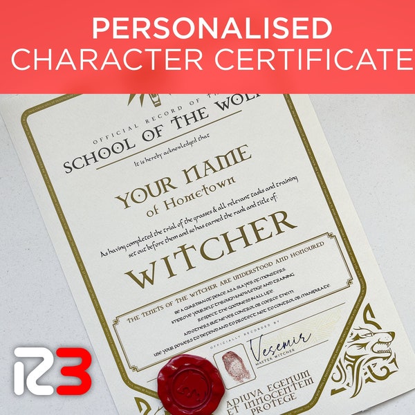 Personalised WITCHER school certificate unofficial prop. Perfect Gift for fans