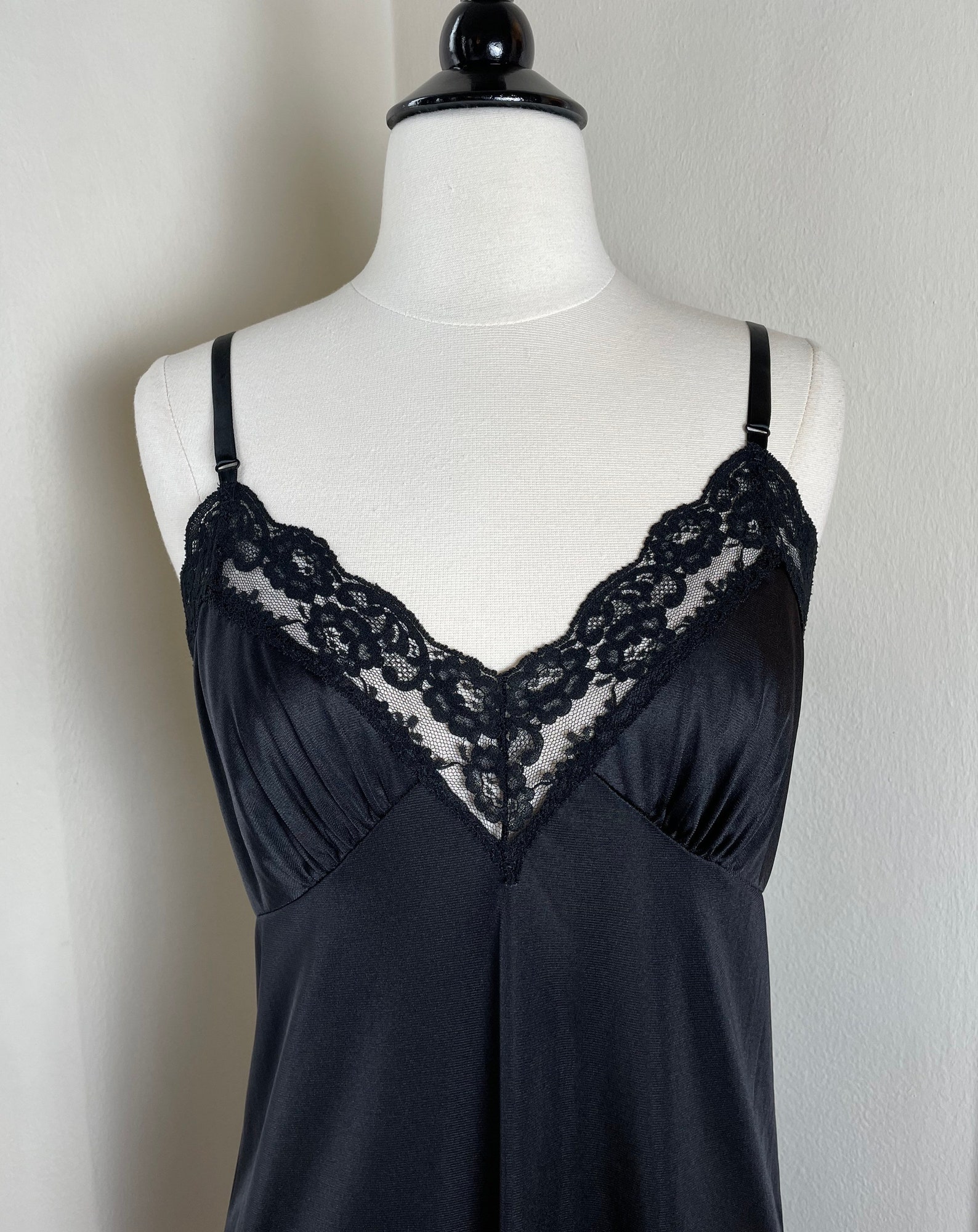 50s Black Floral Lace Trim Satin Full Slip Dress Wondermaid | Etsy