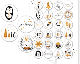 24 Aufkleber für Adventskalender, Adventskalenderzahlen, Zahlen Sticker für DIY Weihnachtskalender zum Aufkleben, (rund / 4cm)