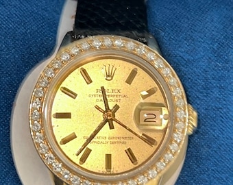 Vintage Rolex 18k Gold Ladies Date Just Self Winding Diamond Bezel Water Proof.