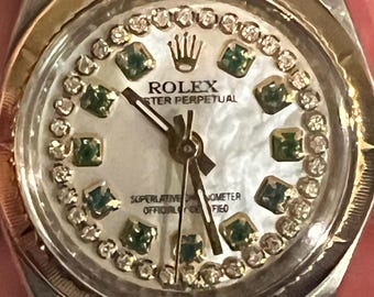 Rolex Water Resist. Self Winding Date 18K Gold & St. St. Ladies Watch Emerald Diamond