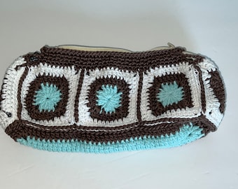 Granny Square Cotton Crochet Pencil Pouch Handmade. Colors Brown, White Robin's Egg. Grey lining.