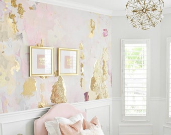 Mimosa Removable Wall Mural, Blush and Gold Removable Wallpaper, Self Adhesive Wallpaper, Nursery Wall Decal, Pink and Gold Abstract