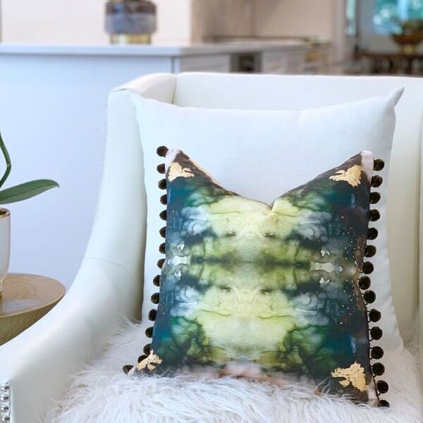 Jade Pools Pom Pom Throw Pillow, Emerald Green Pillow, Accent Pillow, Pom Pom Pillow, Hand Painted Pillow Design, Abstract Green Pillow