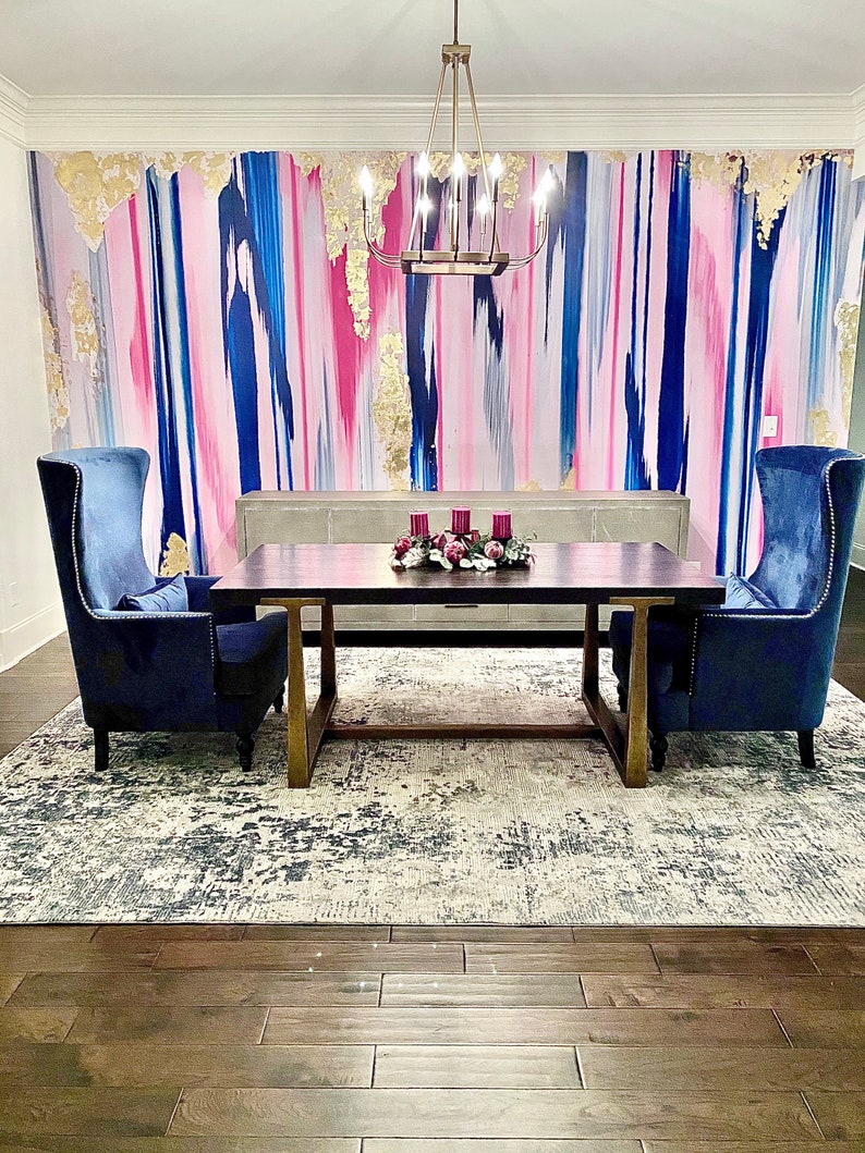 Plumeria Wall Mural Large Scale Pink and Navy Wallpaper Pink Etsy