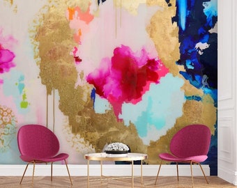 Sapphire Removable Wall Mural 9' tall x 10' wide, Pink Wallpaper, Pink and Gold Abstract Art, Peel & Stick Wallpaper
