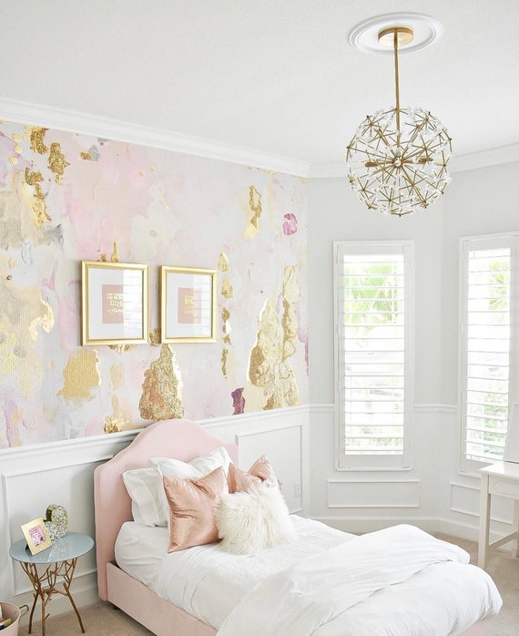 Mimosa Removable Wall Mural, Blush and Gold Removable Wallpaper