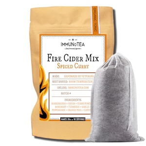 May include: A brown paper bag of IMMUNOTEA Fire Cider Mix Spiced Curry with a white label and a gray tea bag. The label includes the text "Handmade by Veterans" and a list of ingredients. The bag is labeled "Organic Tonic".