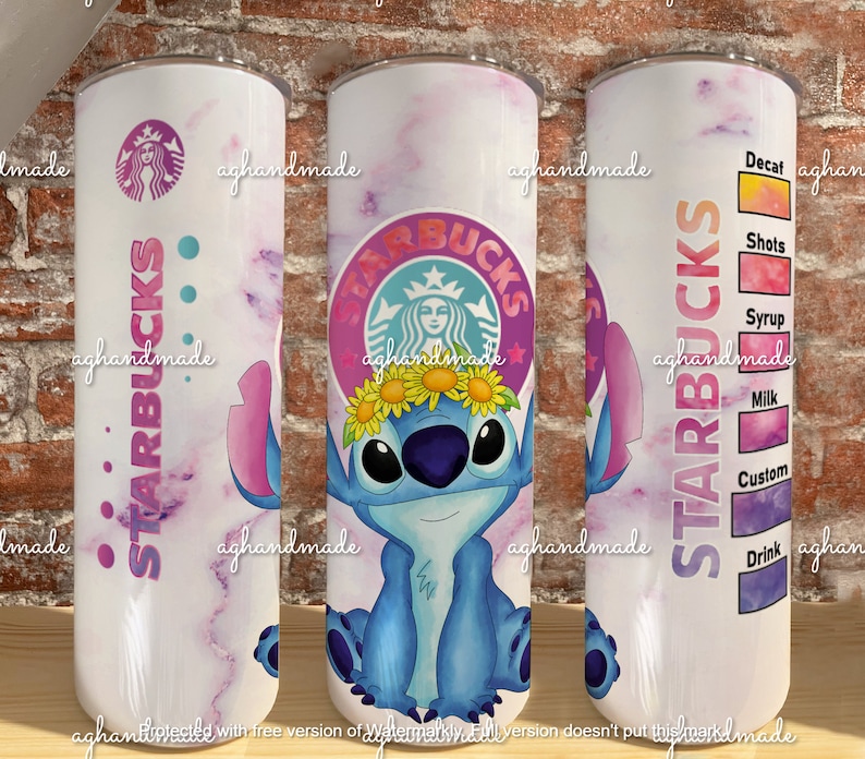 May include: A white stainless steel tumbler with a pink and purple marble design. The tumbler features a blue Stitch character wearing a flower crown and the Starbucks logo. The text "STARBUCKS" is written vertically on the tumbler. The right side of the tumbler has a list of drink options, including "Decaf", "Shots", "Syrup", "Milk", "Custom", and "Drink".