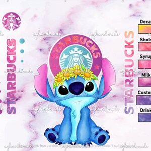 May include: A blue Stitch character from the Disney movie Lilo & Stitch wearing a flower crown sits in front of a pink and purple Starbucks logo. The background is a pink and white marble pattern. The image also includes a Starbucks logo with a list of drink options: Decaf, Shots, Syrup, Milk, Custom, and Drink.