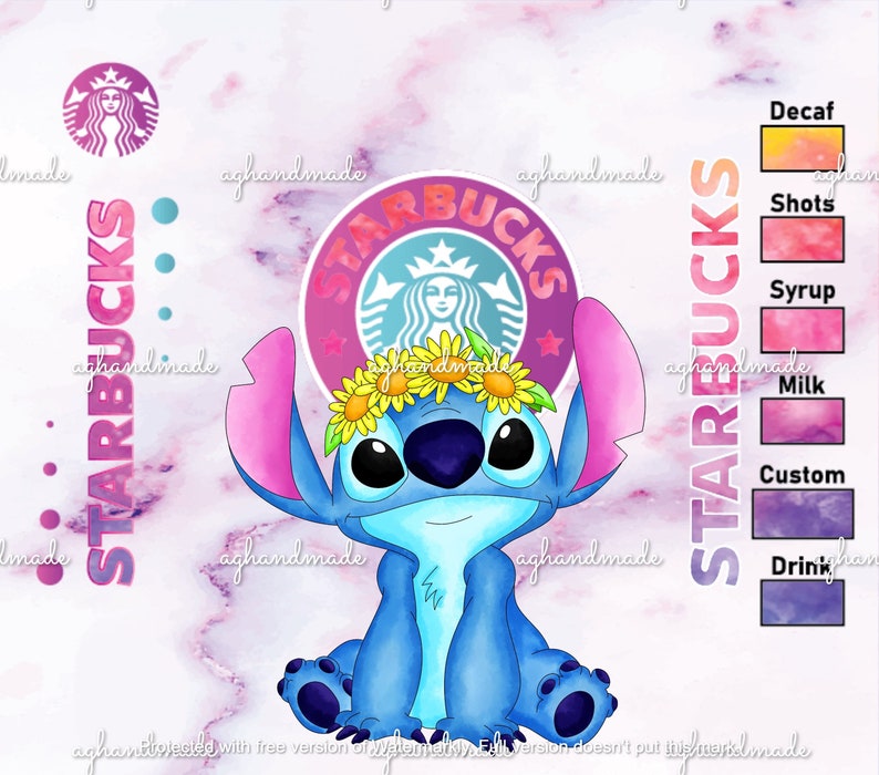 May include: A blue Stitch character from the Disney movie Lilo & Stitch wearing a flower crown sits in front of a pink and purple Starbucks logo. The background is a pink and white marble pattern. The image also includes a Starbucks logo with a list of drink options: Decaf, Shots, Syrup, Milk, Custom, and Drink.