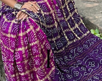 Sari Bandhani in seta Gaji realizzato a mano/Ombre rosa viola, motivo Garchola